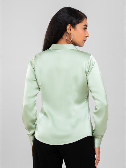 Pastel Green Spread Collar Satin Shirt