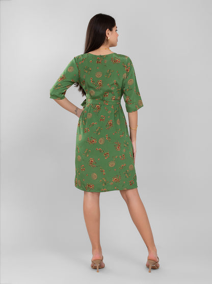 Green Floral Summer Wrap Dress