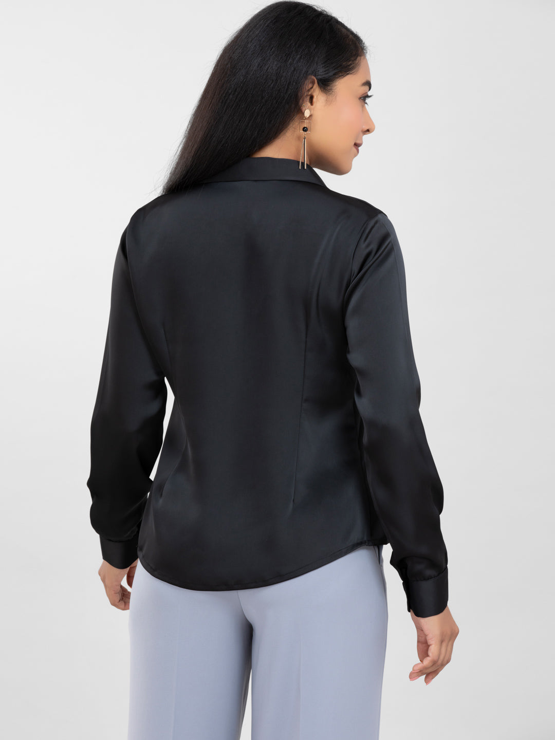 Black Spread Collar Satin Shirt