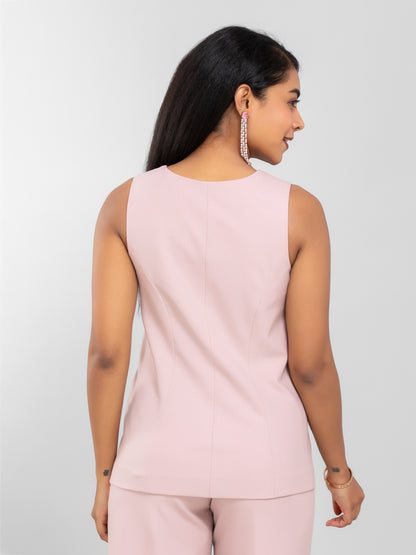 Women Blush Pink Round Neck Long Suit Waistcoat