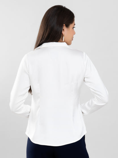 Pearl White Spread Collar Satin Shirt