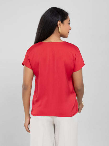 Red Satin Short Sleeve Top