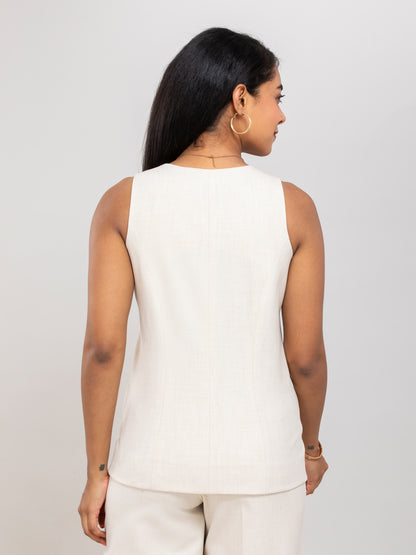 Women Beige V Neck Long Suit Waistcoat