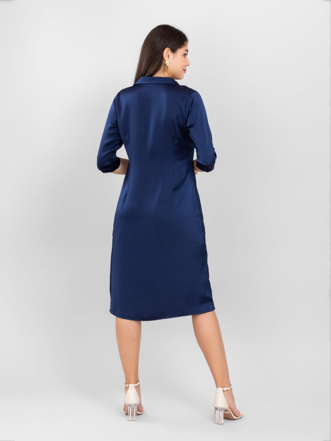 Navy Blue Satin Shirt Dress