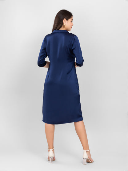 Navy Blue Satin Shirt Dress