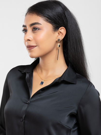 Black Spread Collar Satin Shirt