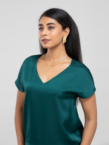 Emerald Green Satin Short Sleeve Top