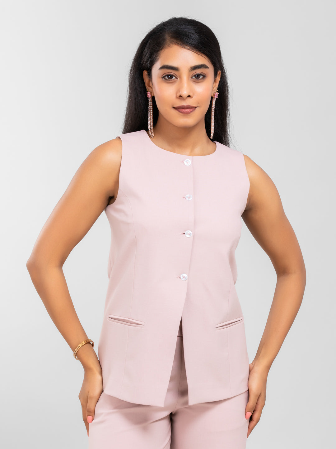 Women Blush Pink Round Neck Long Suit Waistcoat