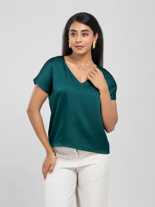 Emerald Green Satin Short Sleeve Top
