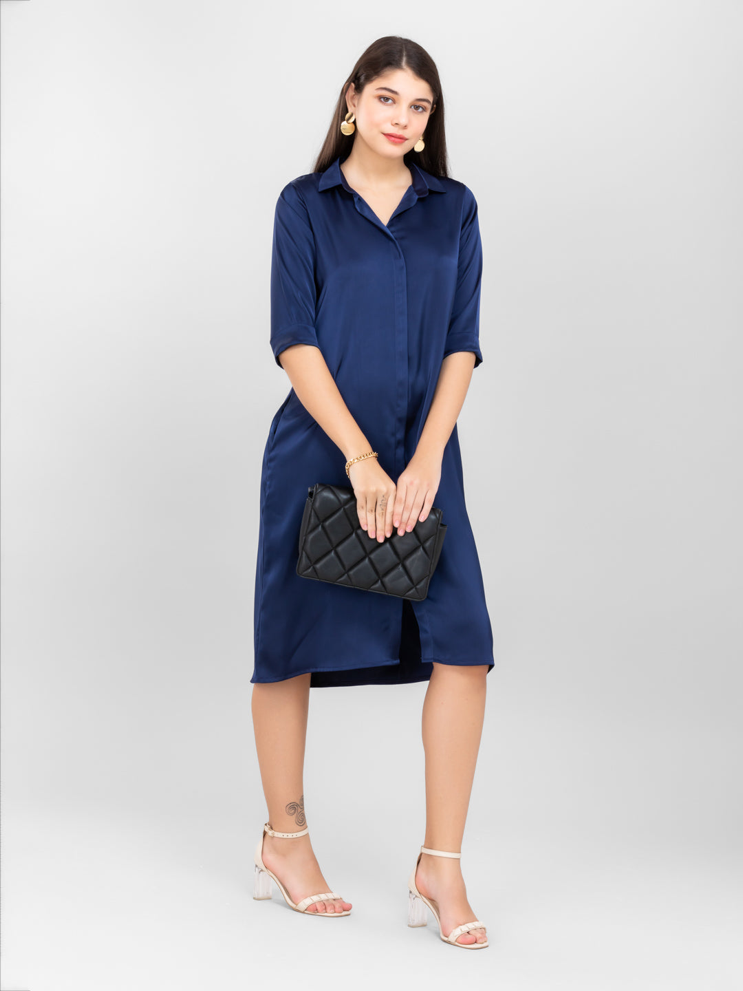 Navy Blue Satin Shirt Dress