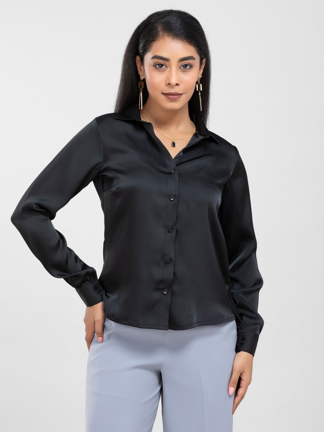 Black Spread Collar Satin Shirt