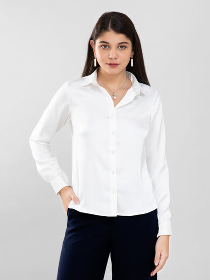 Pearl White Spread Collar Satin Shirt