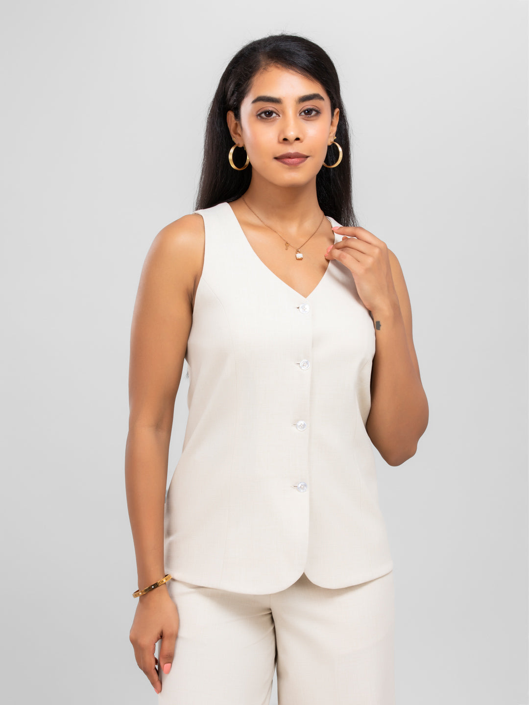 Women Beige V Neck Long Suit Waistcoat