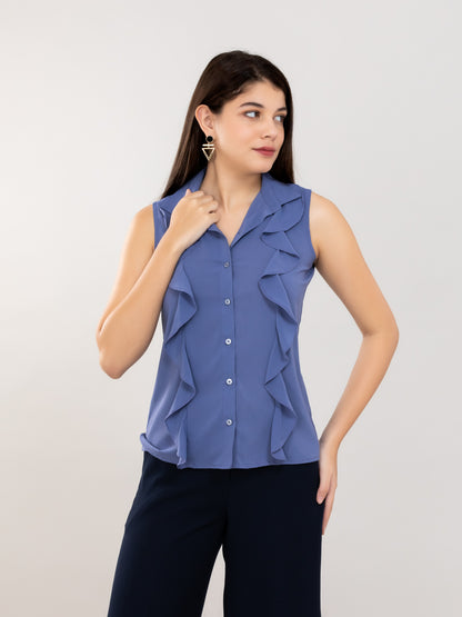 Blue Shirt Style Ruffle Top