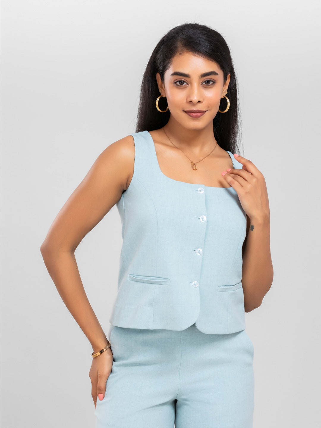 Women Sky Blue Square Neck Waistcoat