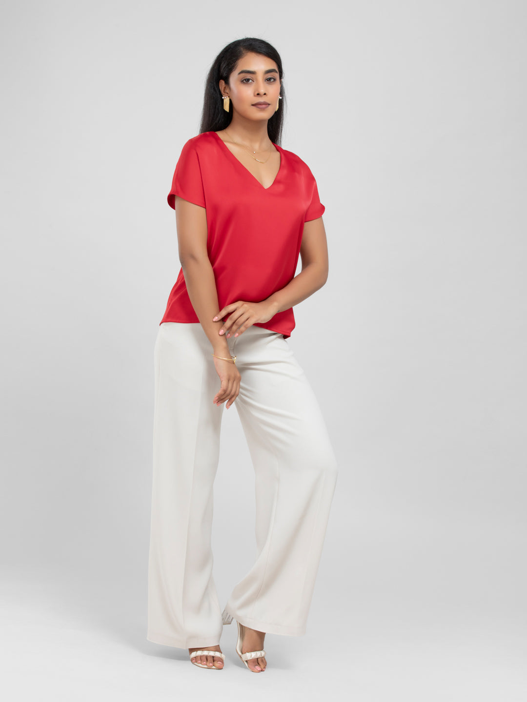 Red Satin Short Sleeve Top