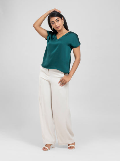 Emerald Green Satin Short Sleeve Top