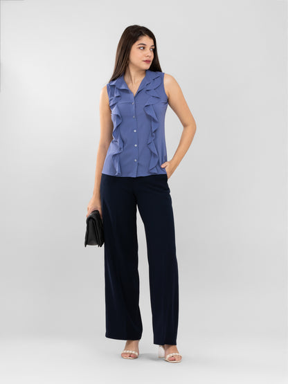 Blue Shirt Style Ruffle Top