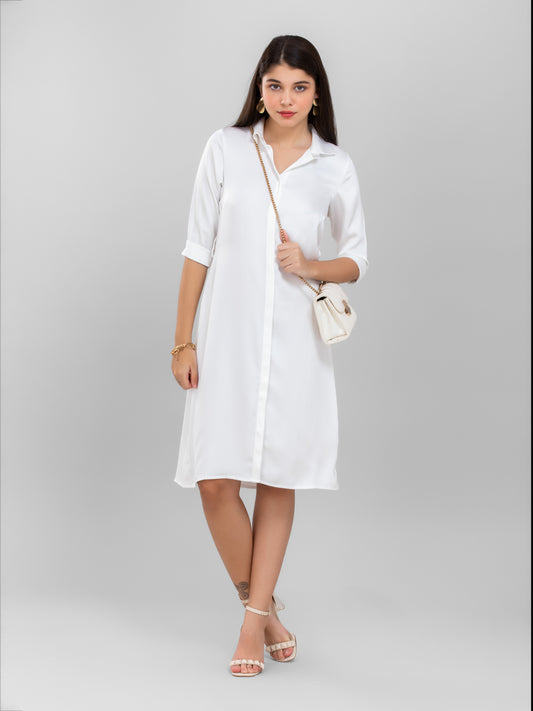Pearl White Satin Shirt Dress