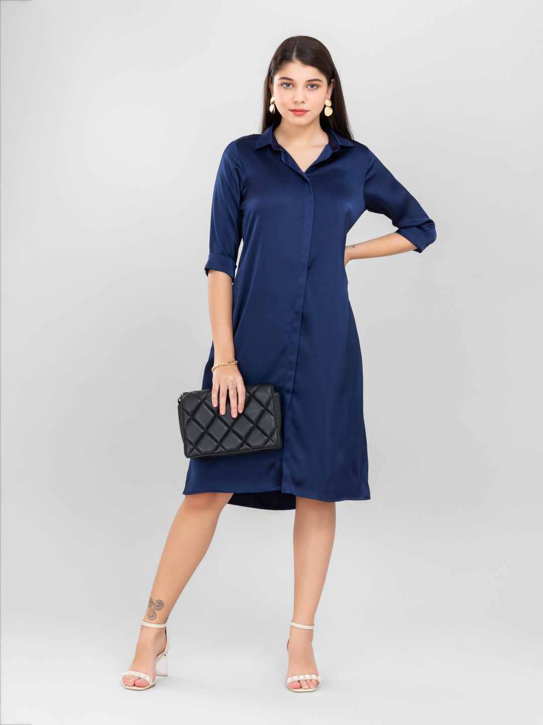 navy satin shirt dress Navy Satin Shoulder Pad Shirt Dress