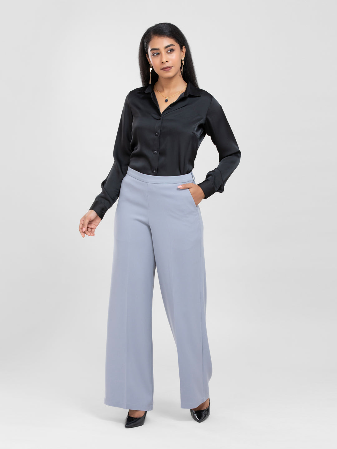 Black Spread Collar Satin Shirt