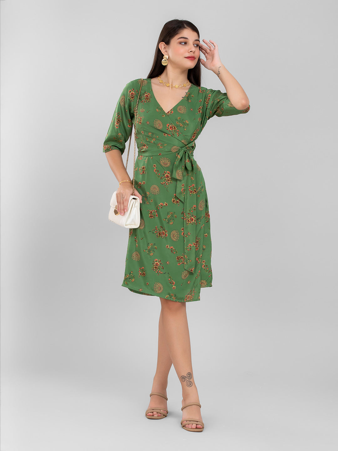 Green Floral Summer Wrap Dress