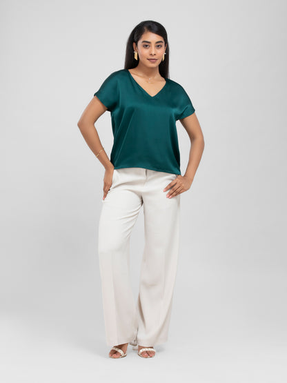 Emerald Green Satin Short Sleeve Top