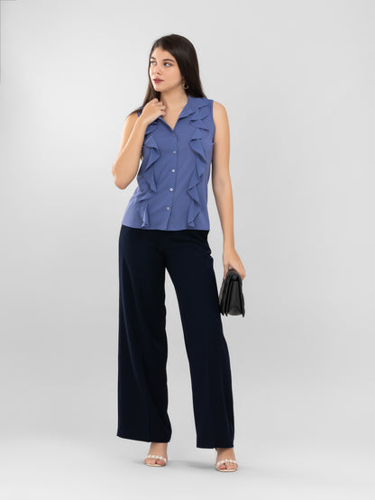 Blue Shirt Style Ruffle Top