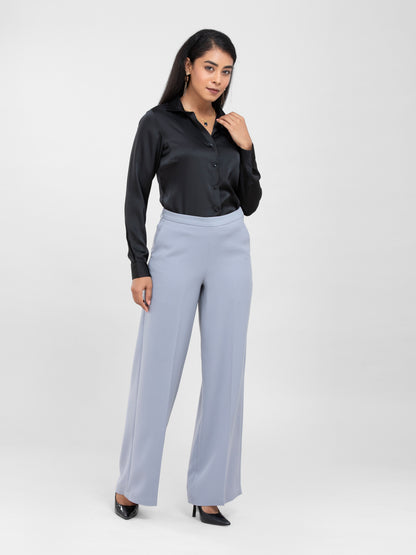 Black Spread Collar Satin Shirt