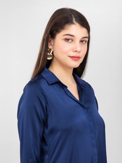 Navy Blue Satin Shirt Dress
