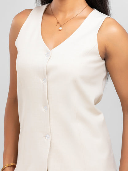 Women Beige V Neck Long Suit Waistcoat
