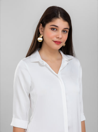 Pearl White Satin Shirt Dress