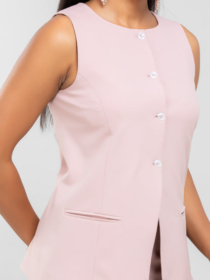 Women Blush Pink Round Neck Long Suit Waistcoat