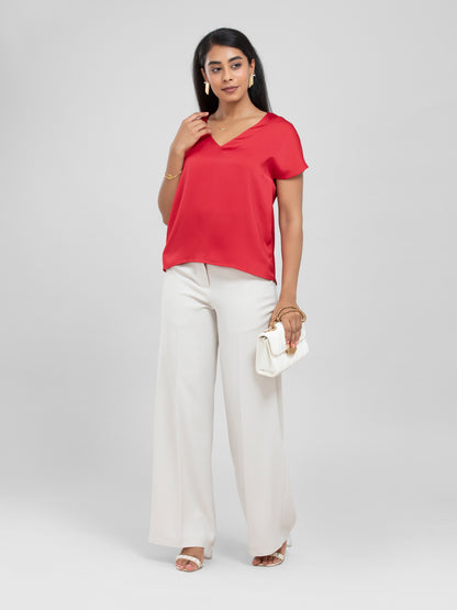 Red Satin Short Sleeve Top