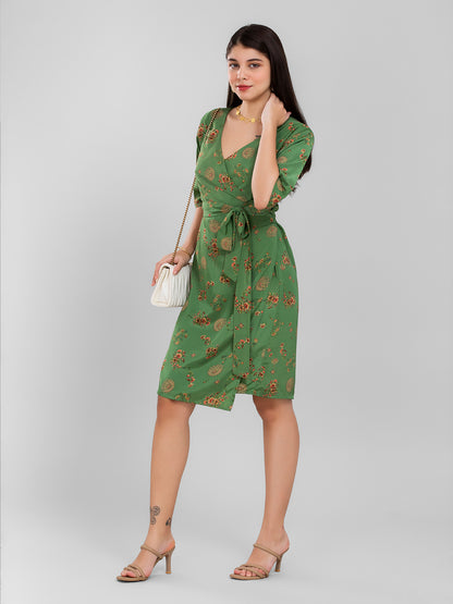 Green Floral Summer Wrap Dress