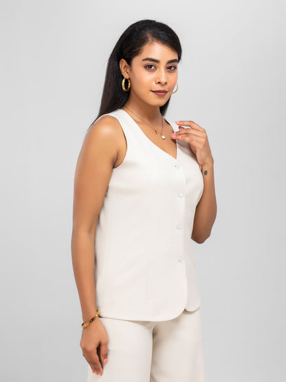 Women Beige V Neck Long Suit Waistcoat