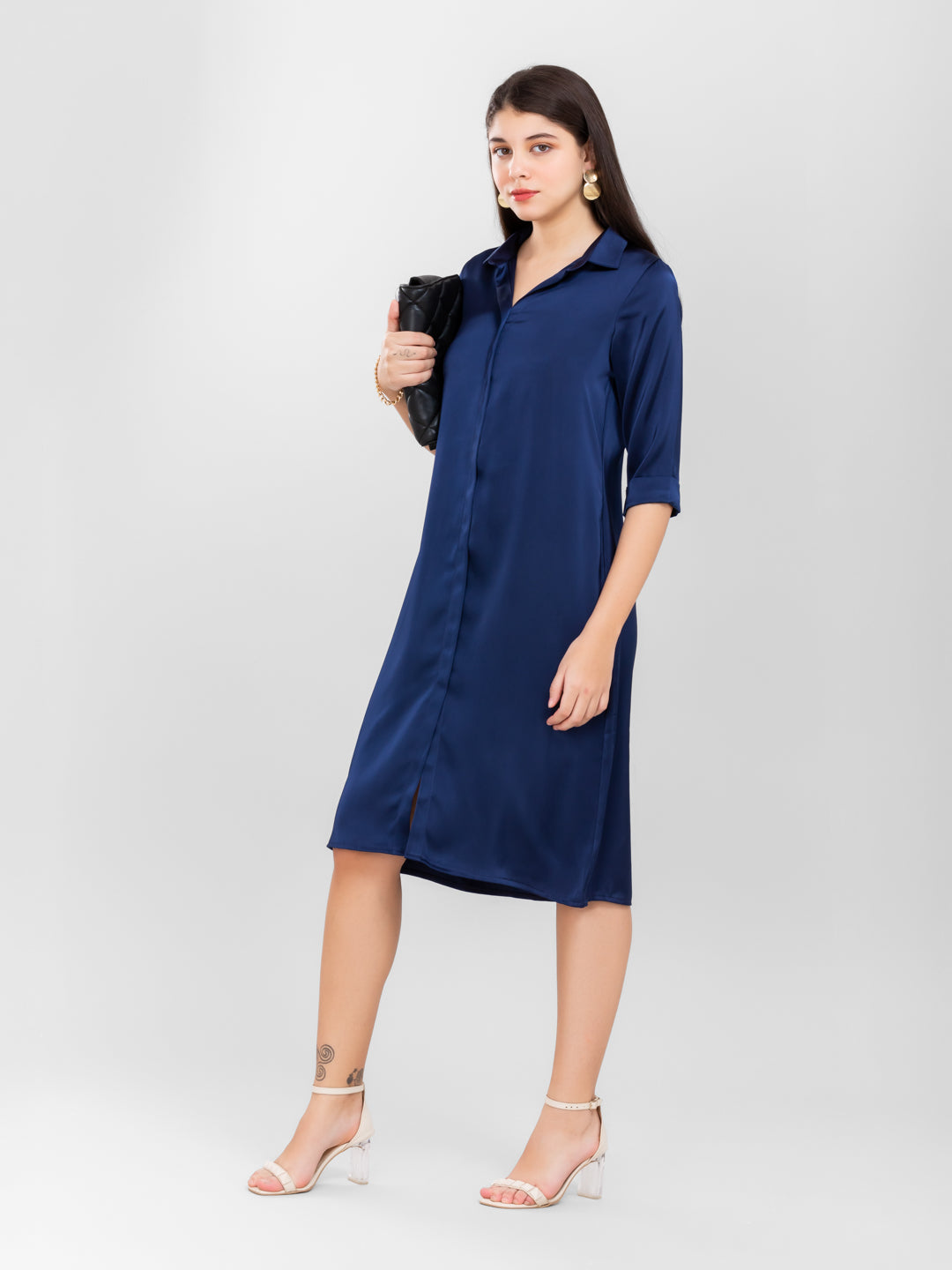 Navy Blue Satin Shirt Dress