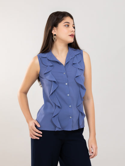 Blue Shirt Style Ruffle Top