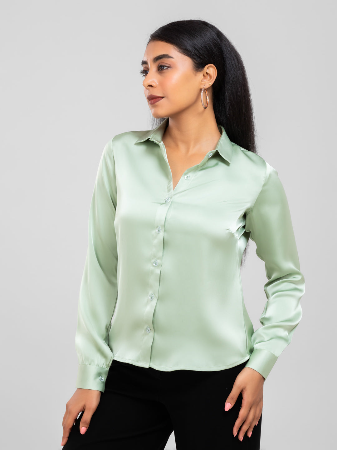 Pastel Green Spread Collar Satin Shirt