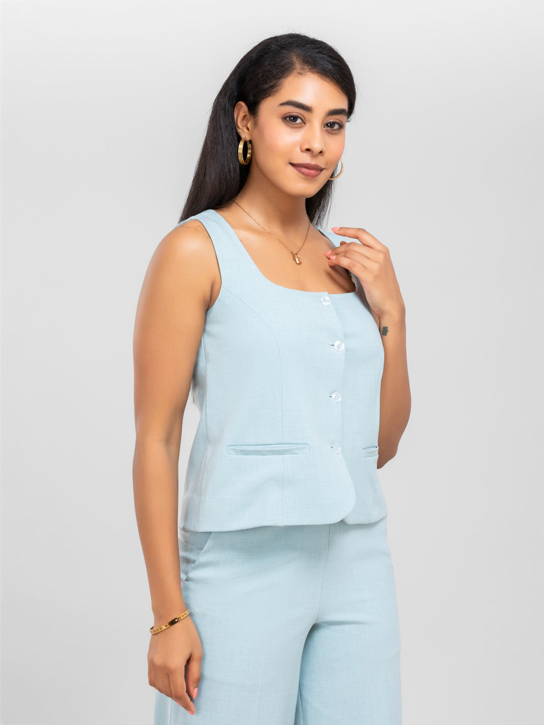 Women Sky Blue Square Neck Waistcoat