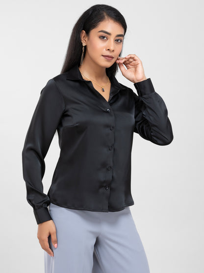 Black Spread Collar Satin Shirt