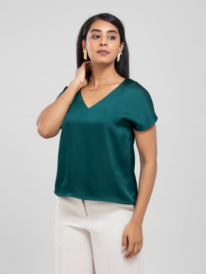 Emerald Green Satin Short Sleeve Top