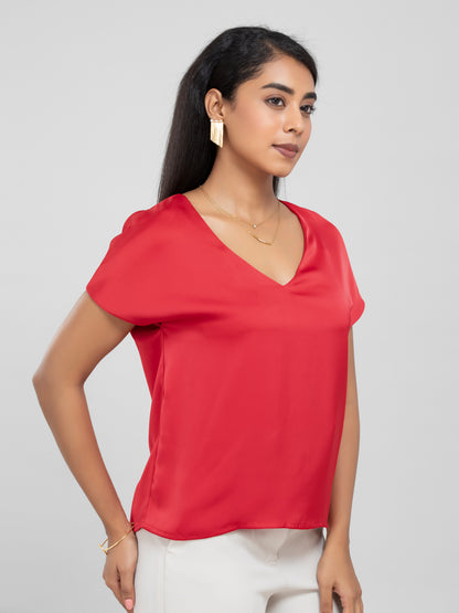 Red Satin Short Sleeve Top
