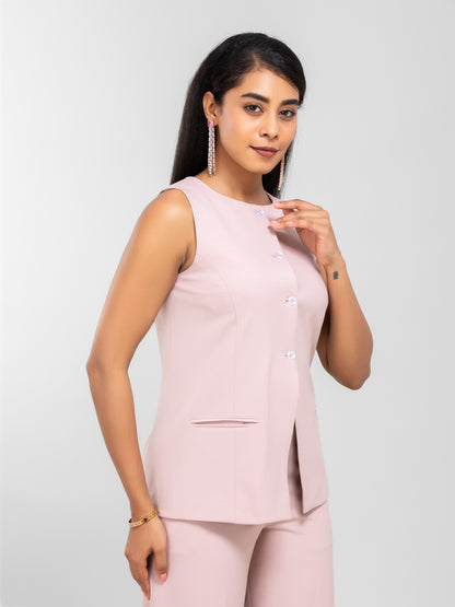 Women Blush Pink Round Neck Long Suit Waistcoat