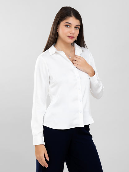Pearl White Spread Collar Satin Shirt